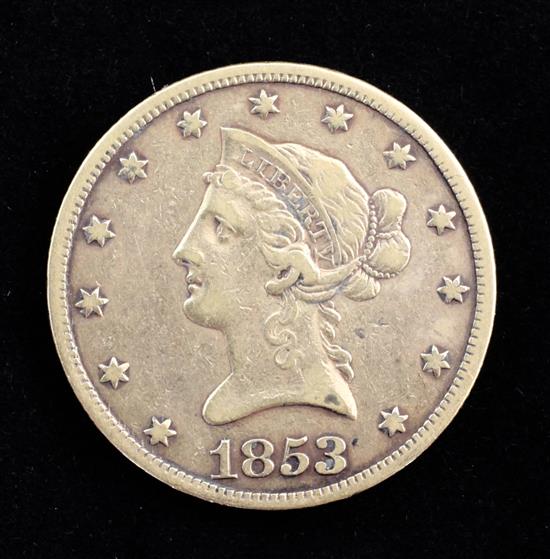 A United States 1853 ten dollar Liberty gold coin,